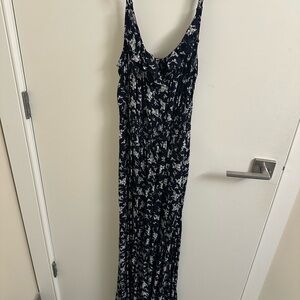 Elegant Navy Floral Maxi Dress with Ruffle Top and Elastic Waist